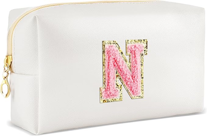 Initial Makeup Bag Personalized Preppy Travel Small Cosmetic Bag Cute PU White Chenille Letter Makeup Pouch for Purse Waterproof Zippered Toiletry Organizer for Women Girl Kid Friends(N)