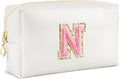 Initial Makeup Bag Personalized Preppy Travel Small Cosmetic Bag Cute PU White Chenille Letter Makeup Pouch for Purse Waterproof Zippered Toiletry Organizer for Women Girl Kid Friends(N)