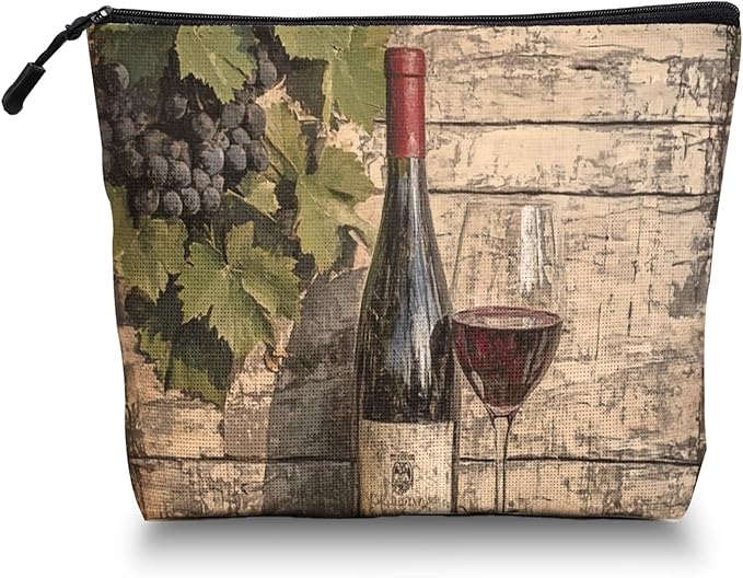Cosmetic Bags Travel Makeup Toilet Case Waterproof Pouch for Women Girls 6.7X9.45inches - Glass And Grapes on An Aged Wooden Background