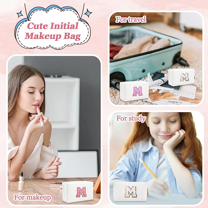 Initial Letter Patch Makeup Bag, Small Preppy A-Z Glitter Letter Cosmetic Bag, PU Leather Waterproof Travel Toiletry Bag, Cute Make Up Pouch Personalized Monogrammed Gift for Women Teen Girls