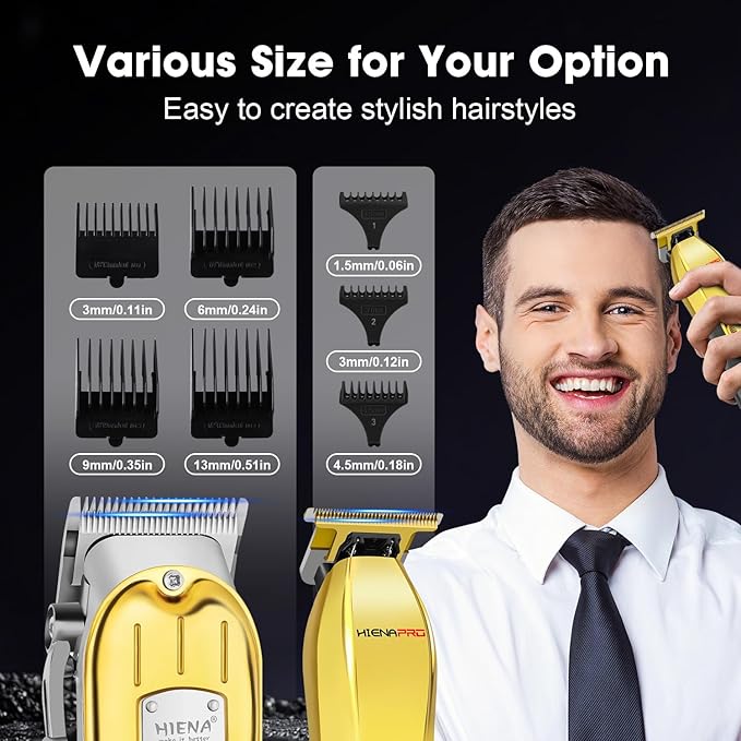 HIENA PRO Hair Clippers Set for Men, Professional Barber Kit for Hair Cutting, Cordless Rechargeable Clippers and Trimmers Set, Hair Cutting Kit with LED Display, USB, Gifts for Men (Gold Black)