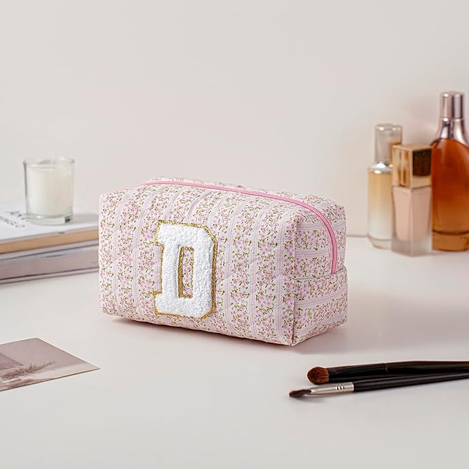 JOVAKIT Makeup Bag Cosmetic Bags for Women, Christmas Gifts for Girls Age 6-18, Alphabet Pink Floral Coquette Zipper Travel Makeup Pouch, Organizer Case Trendy Stuff (Pink+ Blue D)