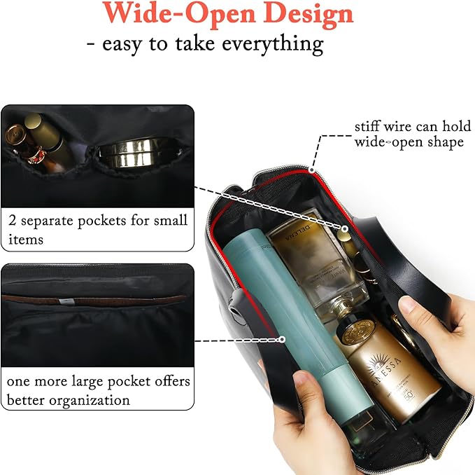 Travel Makeup Bag, Large Wide-open Cosmetic Bag Make Up Organizer Case for Women, Waterproof PU Leather Toiletry Bag Skincare Pouch for Toiletries Accessories Brushes
