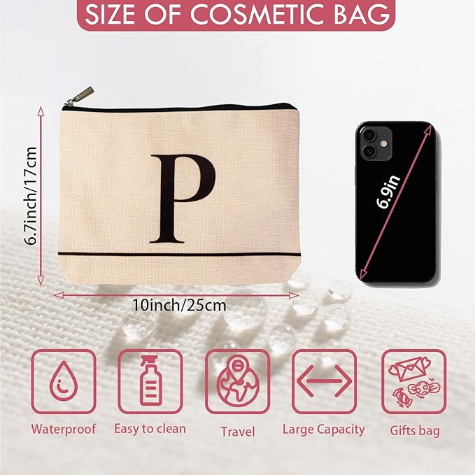 Letter A-Z Initial Personalized Makeup Bags, Birthday Gifts for Women, Monogrammed Gifts for Women Mom Sister Best Friend Bride Bridesmaid, Mothers Day, Christmas, Small Travel Cosmetic Bag (P)