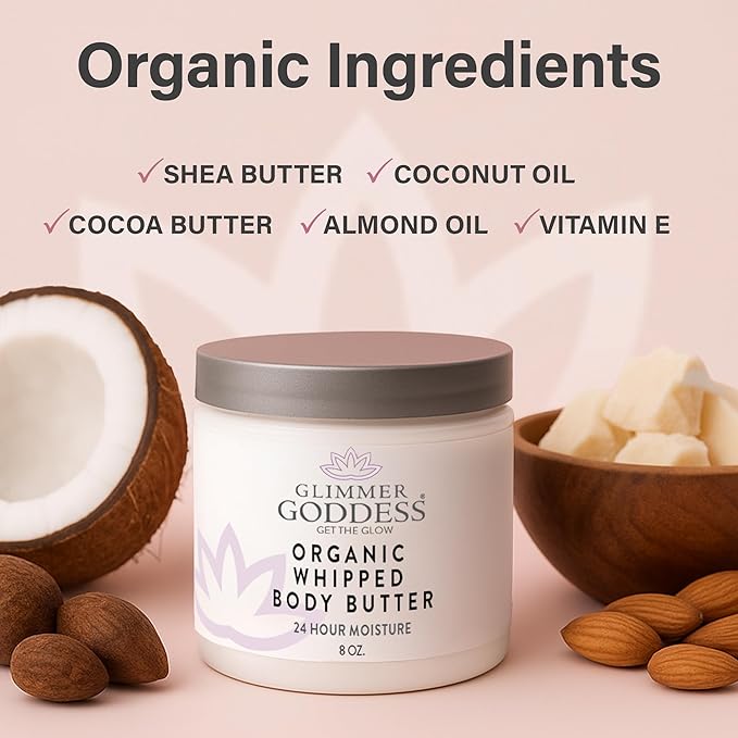 Glimmer Goddess Organic Whipped Body Butter for Women - Moisturizer Cream with Shea & Cocoa Butter, Almonds & Coconut Oil - Frankinsense & Myrhh, 8oz