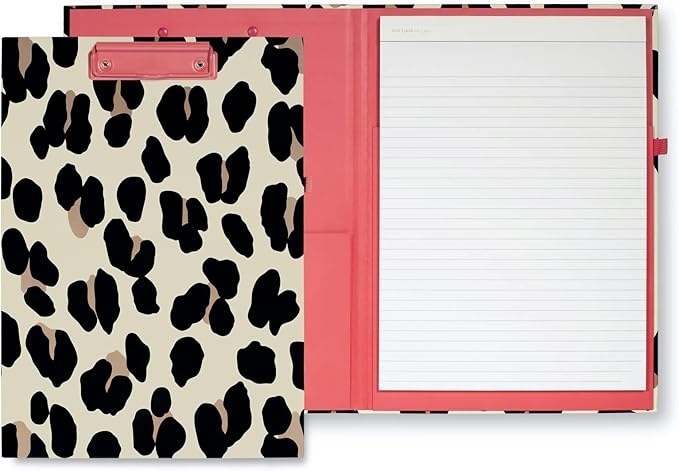 Kate Spade New York Leopard Print A4 Clipboard Folio with Low Profile Clip, Professional Padfolio Includes Lined Notepad, Pen Loop, and Pocket, Forest Feline