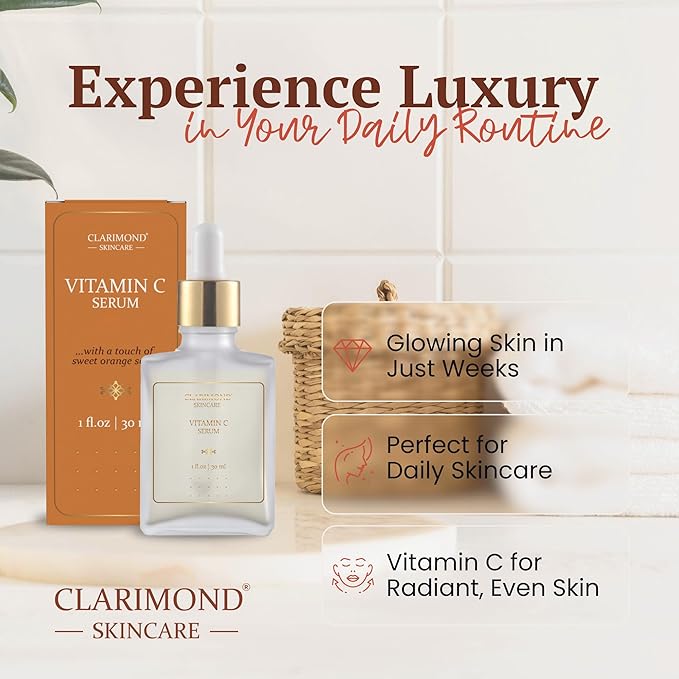 CLARIMOND Vitamin C Serum for Face | 20% Vitamin C | Niacinamide & Hyaluronic Acid | Dark Spot Remover, Brightening & Glow | Chamomile, Witch Hazel & subtle Sweet Orange touch | 1 fl.oz.