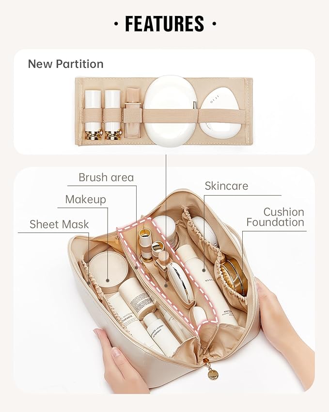 EACHY Makeup Bag,Large Capacity Travel Makeup Bag,Waterproof Portable Open Flat Toiletry Bag Cosmetic Bag with Divider and Handle