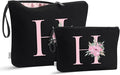 Vavabox A-Z Personalized Makeup Bag, Birthday Gifts for Women Mom, Gifts for Best Friend, Bride Bridesmaid Cosmetic bag (H, 04-Black Set)