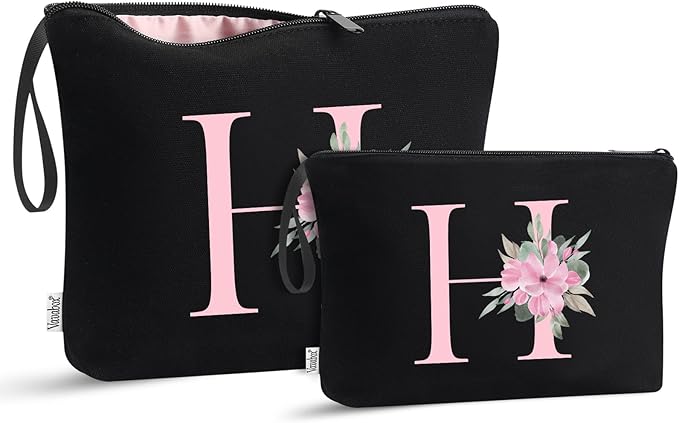 Vavabox A-Z Personalized Makeup Bag, Birthday Gifts for Women Mom, Gifts for Best Friend, Bride Bridesmaid Cosmetic bag (H, 04-Black Set)