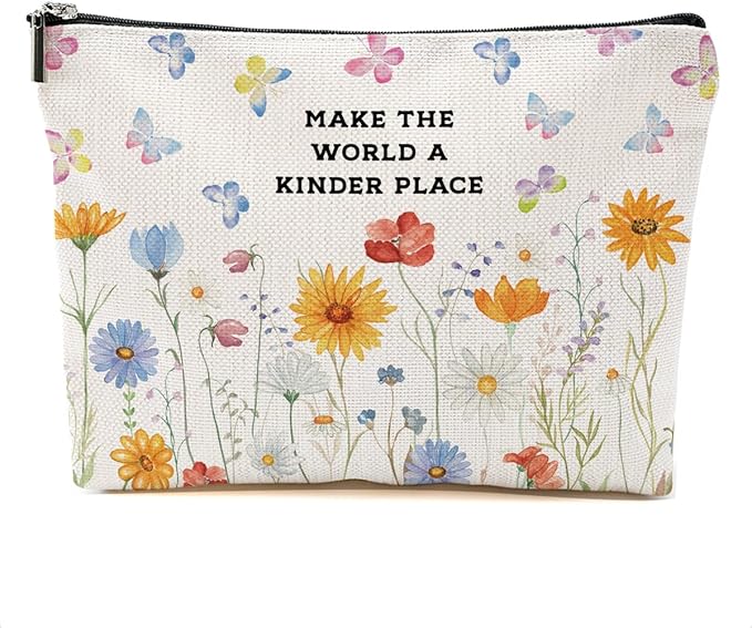 Inspirational Makeup Bag - Make The World A Kinder Place, Floral Positive Affirmations Cosmetic Bag Motivational Gifts for Women Travel Organizer Zipper Pouch Graduation Birthday Friendship Gifts