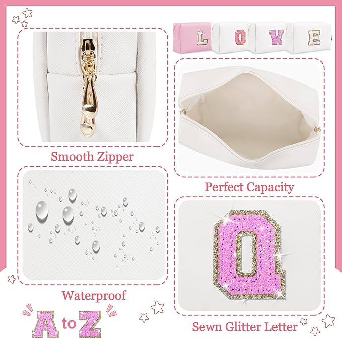 Personalized Initial Makeup Bag - Preppy Glitter Cosmetic Pouch, PU Waterproof Zipper Travel Toiletry Bag - Unique Letter Patch Makeup Organizer - Gift for Women & Teen Girls