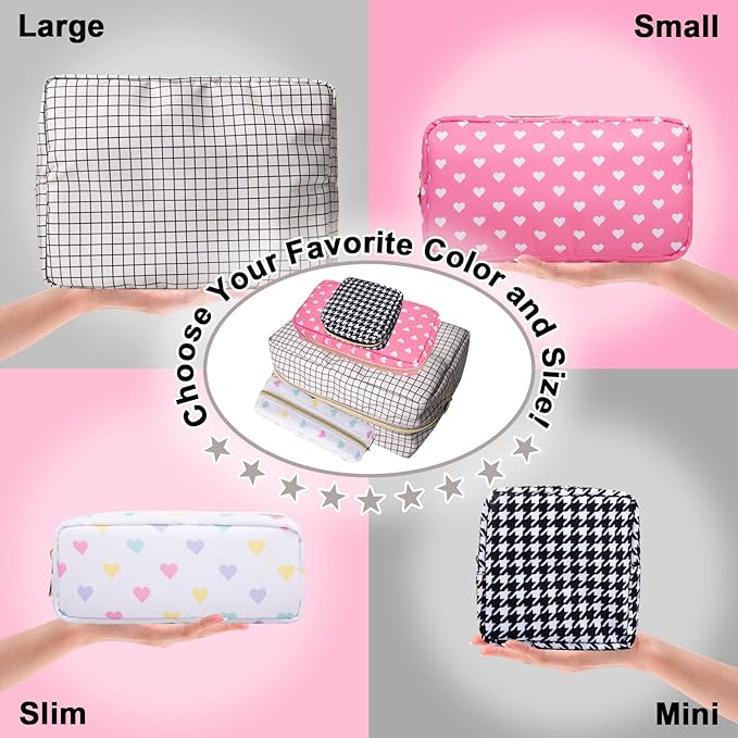 Nylon Small Makeup Bag for Purse, Cute Checkered Makeup Bag Preppy Cosmetic Zipper Pouch Purse, Waterproof Portable Travel Toiletry Bag Clutch Make Up Brush Bag Organizer for Women Girls(Checkered)