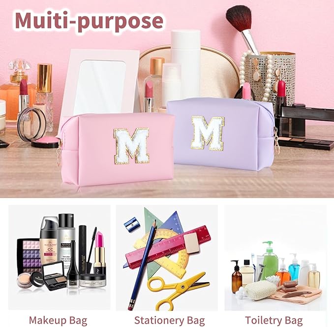 MSQ Personalized Makeup Bag Initial A-Z Patch Bag, PU Leather Cosmetic Bag Pouch Travel Toiletry Bag with Zipper, Gift Ideal for Teen Girls Friend Mom Women Birthday (Pink M)