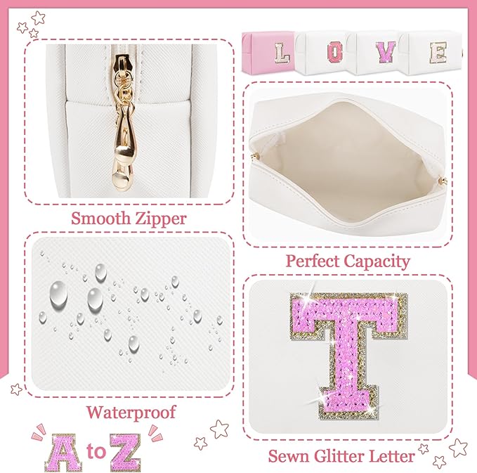 Personalized Initial Makeup Bag, Preppy Glitter Letter Cosmetic Pouch, PU Waterproof Zipper Travel Toiletry Bag - Unique Letter Patch Organizer Gift for Women & Teen Girls