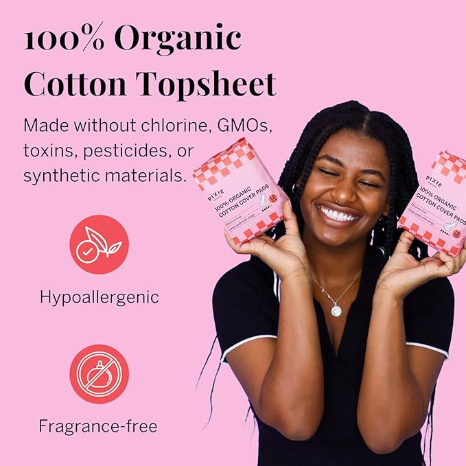 Pixie Organic Cotton Large Pads for Women - Extra Heavy Absorbency with Wings - Leak-Proof, Hypoallergenic & Unscented for Feminine Care - Compostable, Biodegradable - 48 Count