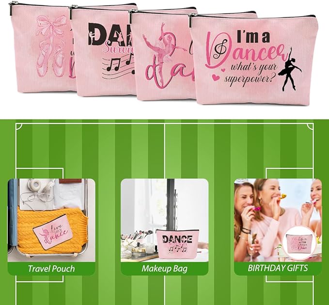 4 Pcs Dance Makeup Bag, Dancer Gifts, Dance Gifts Dance Stuff Cosmetic Bag Dance Recital Gifts for Girls Women Friends Teammates Travel Toiletry Bag, Dance Teacher Gifts Graduation Birthday Gifts