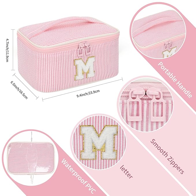 OCHEAL Makeup Bag for Women, Monogram Cosmetic Bag with Brush Holder, Pink Travel Makeup Case Beauty Toiletry Bag Organizer Personalized Gifts for Girls Bridesmaid, Sister, Wife, Friends Initial M