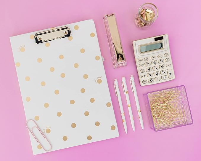 Kate Spade New York A4 Clipboard Folio with Low Profile Clip, Professional Padfolio Includes Lined Notepad, Pen Loop, and Pocket, Gold Dot with Script