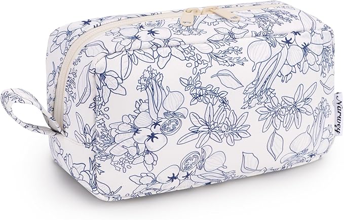Narwey Cute Makeup Bag Small Toiletry Bag Travel Cosmetic Bag Organizer Make Up Bags with Organized Pockets for Women (Navy Blue Flower, Large)