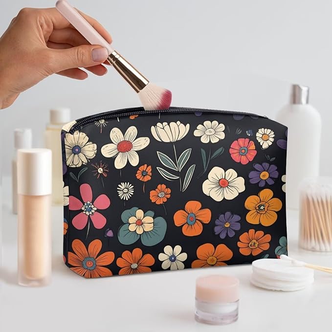 COEQINE Leather Cosmetic Purses for Women Large Capacity Floral Makeup Travel Bag With Zipper Portable Soft Pu Cosmetic Purse for Women Casual formal Wedding Handbag Cosmetic Travel Storage Bag