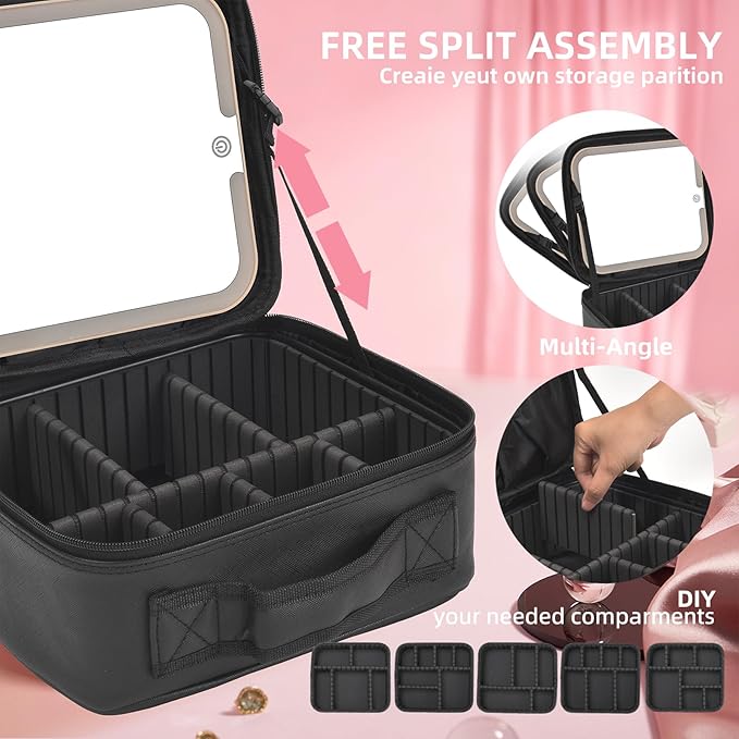 Travel Makeup Bag with LED Mirror,Removable Mirror with 3 Color Modes,Portable makeup travel organizer for Women,Makeup Case with 8 Adjustable EVA Dividers,Cosmetic Train Case with Lighted Mirror