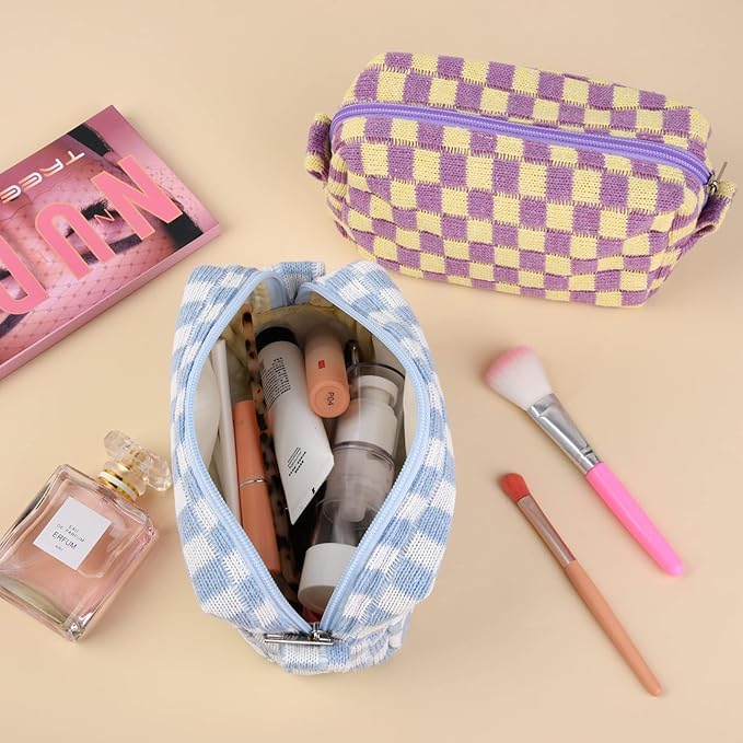 SOIDRAM 2 Pieces Makeup Bag Checkered Cosmetic Bag Purple Blue Makeup Pouch Travel Toiletry Bag Organizer Cute Makeup Brushes Storage Bag for Women