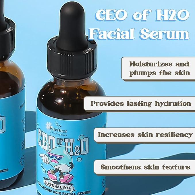 Purifect CEO of H20 Hyaluronic Acid Facial Serum – Hydrating, Moisturizing, Relieves Redness with Vitamin E – Made in USA – Plumping Formula, Pairs Well with Vitamin C Serum & Moisturizer