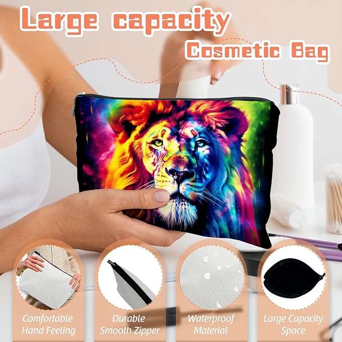 Makeup Bag Travel Cosmetic Bags Small Makeup Case Waterproof Zipper Pouch for Women Girls 7X9inches - Fantasy - Style Lion Portrait in Vivid Colors