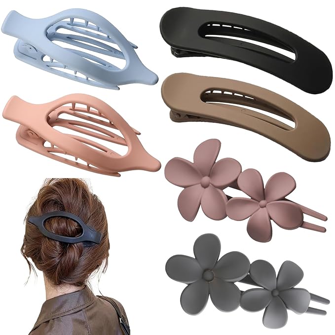 6 PCS Flat Hair Clips, French Lay Flat Claw Clips for Women Girls, 3 Styles Strong Hold Non-slip Matte Hair Claws for Thin Thick Hair(Pink&Blue)