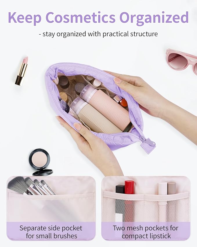 Narwey Small Makeup Bag for Travel Women Girl, Puffer Cosmetic Bag Makeup Pouch for Purse with Zipper, Cute Puffy Make Up Organizer Bags, Travel Toiletry Bag Toiletries (Light Pruple)