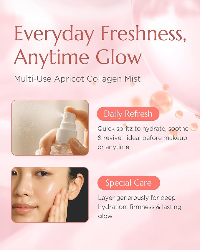 Apricot Collagen Gel Serum Mist Korean Face Moisturizer Spray - 8 Layer Hyaluronic Acid and Bakuchiol - Heart Shape Clear Keychain Refillable Travel Portable Bottle, 3.38oz