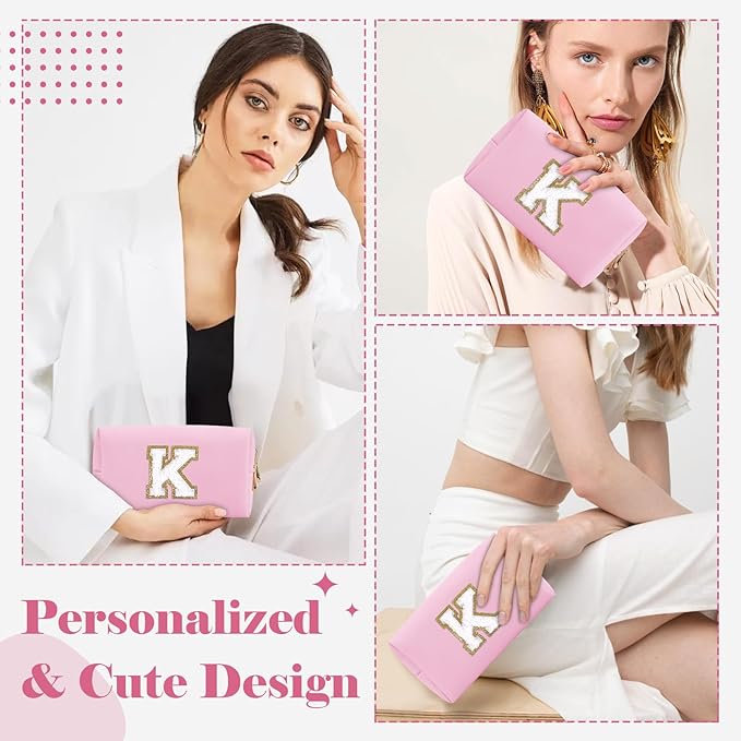 Personalized Initial A-Z Preppy Patch Makeup Bag,Small PU Chenille Letter Cosmetic Bag with Zipper for Teen Girls,Pink Cute Toiletry Organizer Bag,Monogram Makeup Case Gift for Women Girls,Letter K