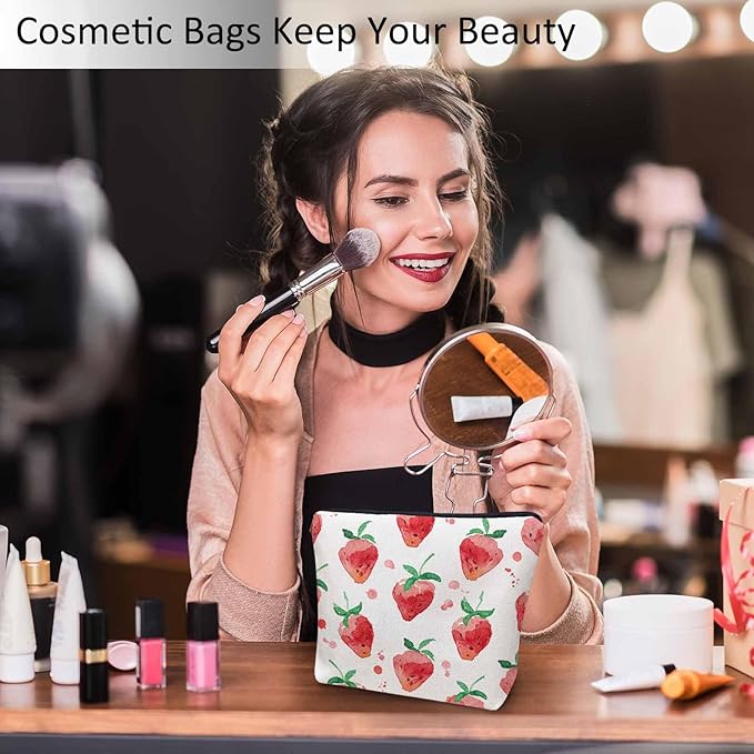 Strawberry Cosmetic Travel Bag For Toiletries, Summer Fruits Strawberry Red Makeup Bag Toiletry Bags For Women, Flax Cosmetic Bags Make Up Bag Purse Toiletries Bag Birthday Gift