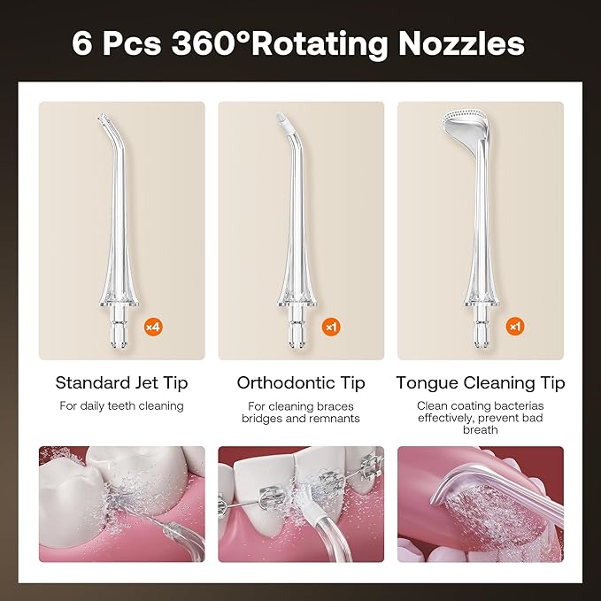 Bitvae C6 Water Dental Flosser Teeth Picks, Portable Cordless Oral Irrigator, IPX7 Waterproof Braces Flossers Cleaner, 5 intensities 6 Jet Tips, Rechargeable Water Dental Picks for Cleaning, Pink