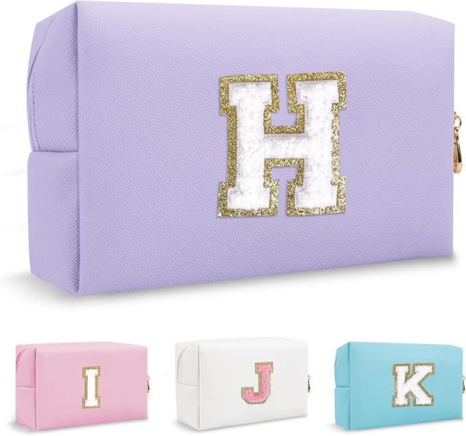 Personalized Chenille Letter Preppy Makeup Bag, Small Initial Purple Cosmetic Bag Travel Toiletry Zipper Pouch Monogram Makeup Storage, Waterproof PU Make Up Case Travel Essentials for Women(Letter H)