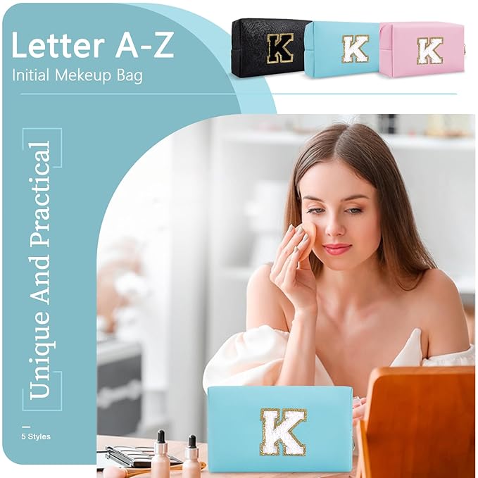 Small Personalized Initial A-Z Preppy Patch Makeup Bag,PU Chenille Letter Travel Cosmetic Pouch with Zipper,Blue Cute Toiletry Bag,Gift Ideal for Teen Girls Women Teacher Bridesmaid,Letter K