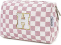 Narwey Birthday Gifts for Teen Girls Kids Women Personalized Initial Checkered Makeup Bag Pink Monogram Cosmetic Bag Trendy Stuff 6 8 10 11 12 13 14 16 18 Years Old Travel Toiletry Bag (Dusty Rose H)