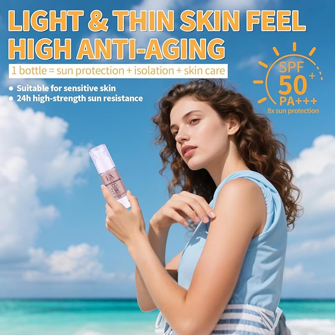 Tinted Face Sunscreen - Waterproof & Lightweight Liquid Foundation with SPF 50++, 3-in-1 Full Coverage Foundation Smooths & Blurs Pores, 101 Light