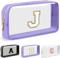 Personalized Initial Letter Clear Makeup Bag,Preppy Small Nylon&PVC Cosmetic Zipper Bag with Chenille Letter,Travel Skincare Toiletry Bag,Monogram Christmas Gift for Teen Girls Women,J