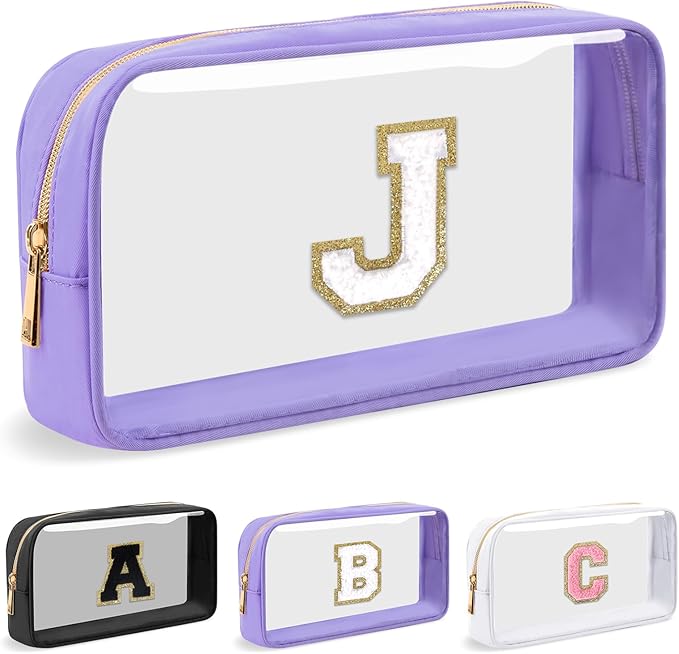 Personalized Initial Letter Clear Makeup Bag,Preppy Small Nylon&PVC Cosmetic Zipper Bag with Chenille Letter,Travel Skincare Toiletry Bag,Monogram Christmas Gift for Teen Girls Women,J