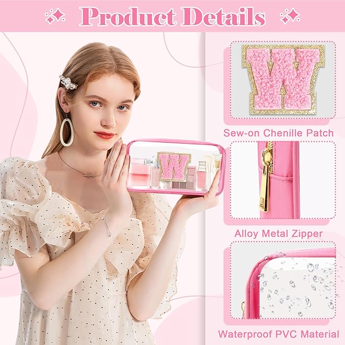 Personalized Initial Letter Clear Makeup Bag,Preppy Small Nylon&PVC Cosmetic Zipper Bag with Chenille Letter,Portable Beach Travel Skincare Toiletry Bag,Trendy Monogram Gift for Teen Girls Women,W