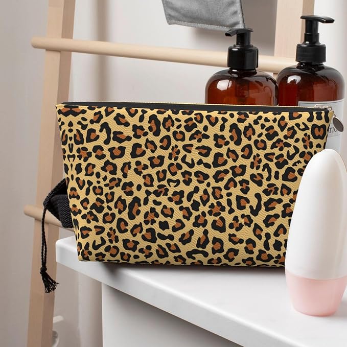 Womens Leather Makeup Bag Cosmetic Bag Travel Toiletry Bags Make Up Bags for Women Adult (Leopard Pattern 2)