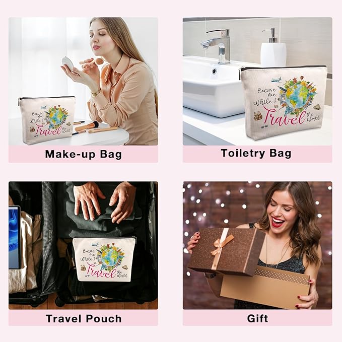 Travel Gifts for Women Best Gifts for People Who Travel Makeup Bag Excuse Me While I Travel The World Cosmetic Bag fo r Travelers Friends Flight Attendant Graduation Friendship Gift Funny Makeup Bag