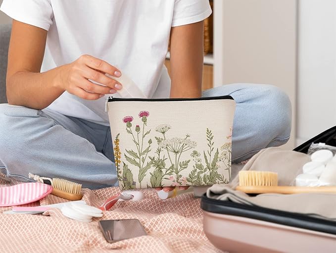 Vintage Cottagecore Summer Aesthetic Botanical Herbs Wildflowers Makeup Bag,Floral Cosmetic Bag Best Gift Idea for Flower Lovers Girls Women,Zipper Travel Toiletry Bag Mother's Day Gifts for Mom