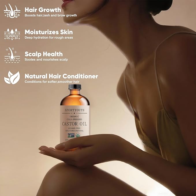 SPORTYOUTH Castor Oil Organic Cold Pressed Hexane Free USDA Certified 100% Pure Unrefined Glass Bottle 16 oz Carrier Oil for Hair Growth, Scalp, Castor Oil Pack, Eyelashes, Brows, Skin, Face, Body