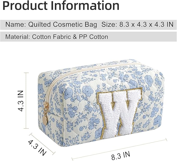 Gleyemor Personalized Initial Makeup Bag for Women, Cute Quilted Blue Floral Cotton Cosmetic Bag, Christmas Gifts for Her Mom Friend Sister Bridesmaid Teacher Women W