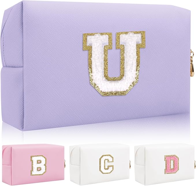 Personalized Initial Letter Patch Makeup Bag, Preppy Small Chenille Letter Cosmetic Bag with Zipper, PU Leather Waterproof Travel Toiletry Bag Monogram Make Up Pouch for Women Girls(Letter U)