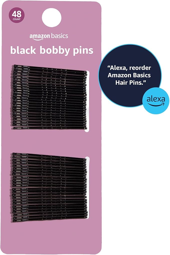 Amazon Basics No Slip Bobby Pins, 48 count, Black High, Gloss Bobby Pins for Pain Free, Comfortable, All-Day Styling and UpDos. For All Hair Types