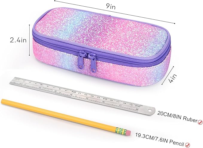 mibasies Girls Pencil Case for Kids, Multi-Slot Pencil Pouch, Pink Purple Rainbow